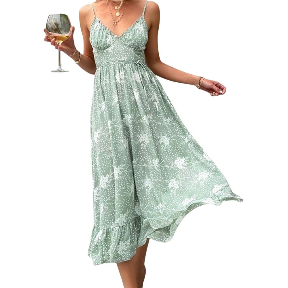 See the Shades Womens Sage Floral A Line Spaghetti Strap Swing Midi Dress Size L